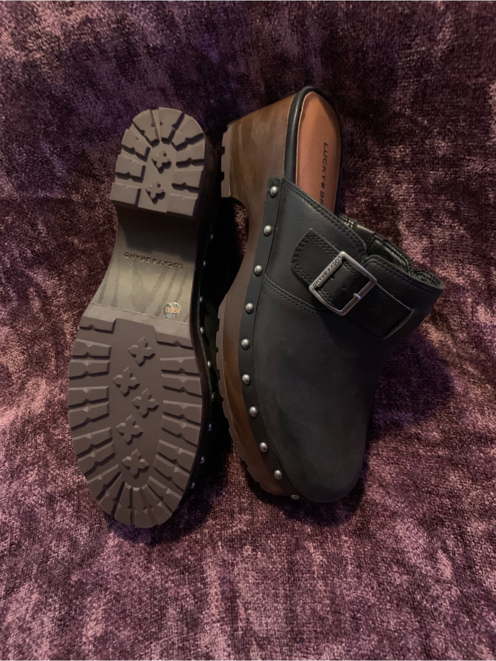 Lucky Brand Black Studded Buckle Clogs